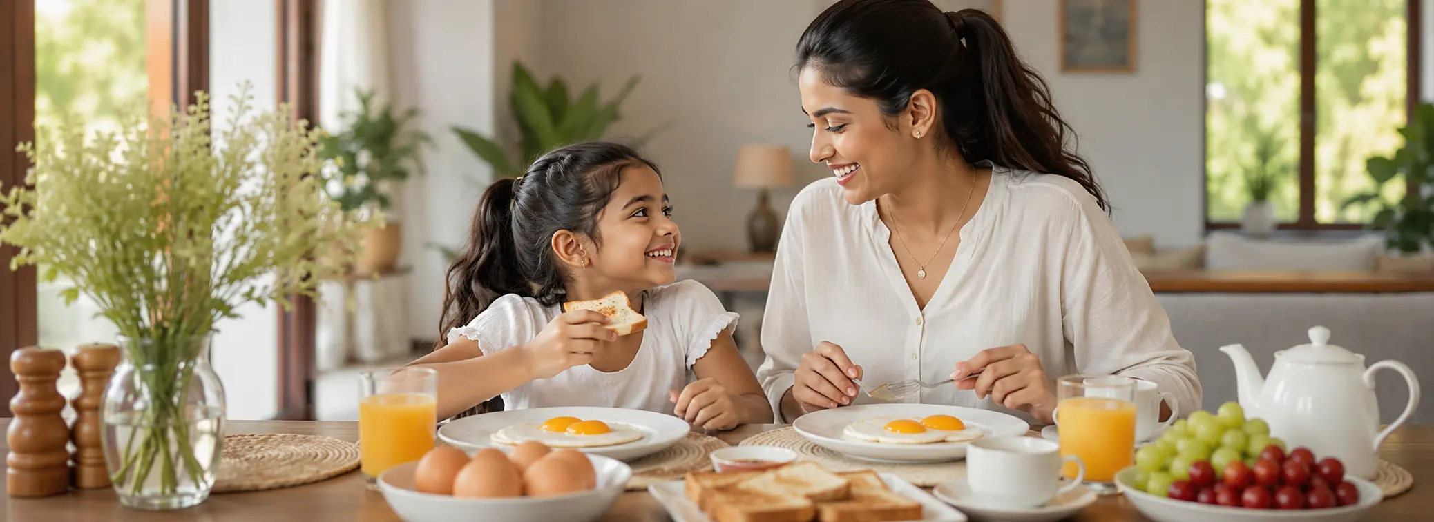 A Srilankan mother and a daughter eating breakfast with happy hen eggs and few other meals on a table