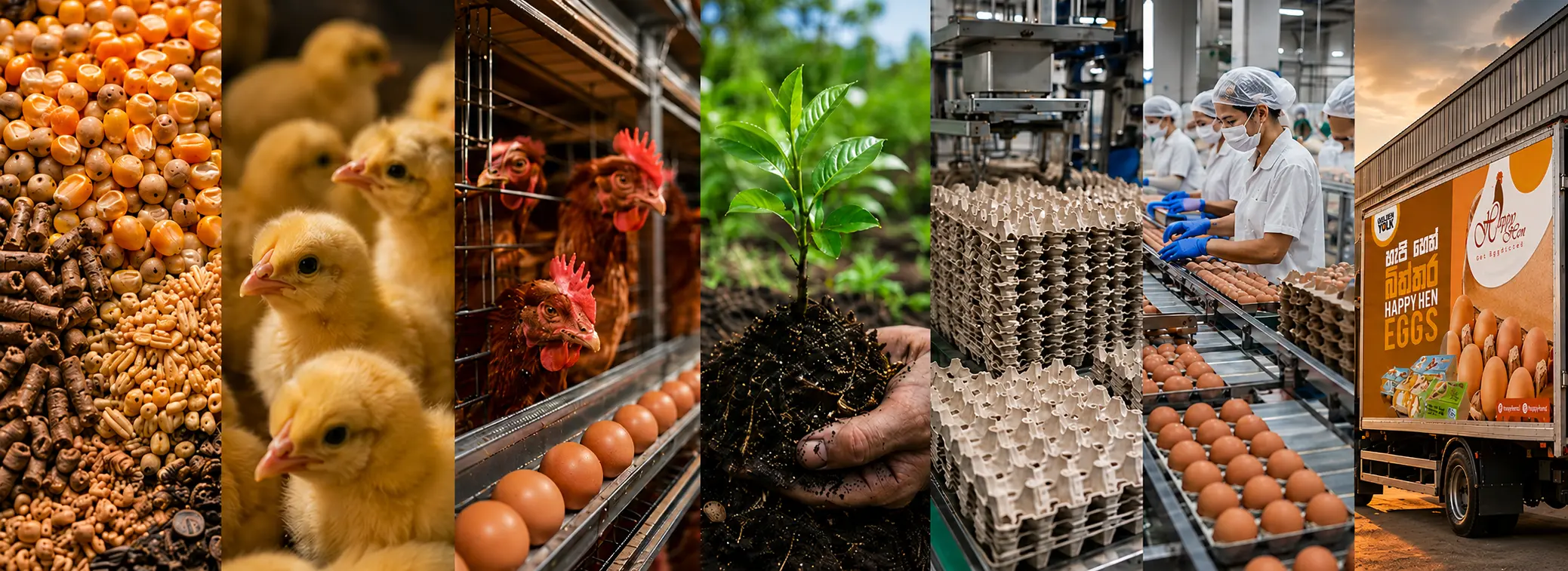 A collage artwork of images showcasing the production of Happy Hen factory and logistics
