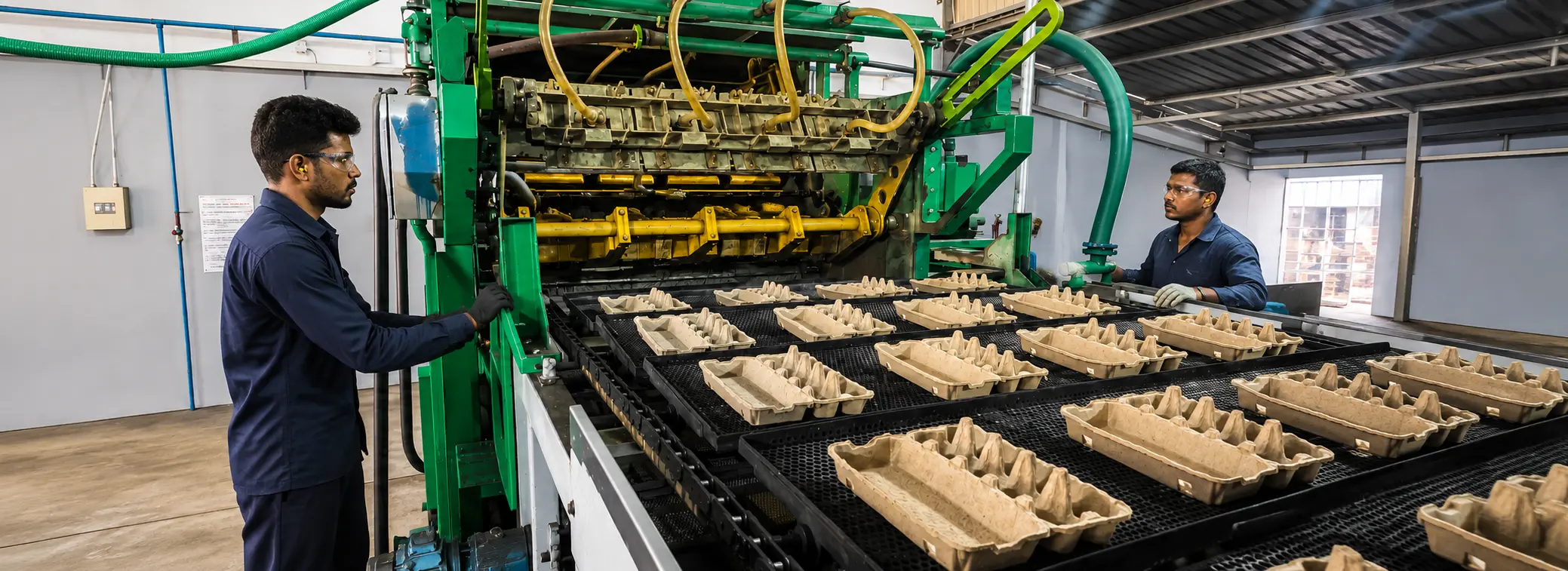 Two employees working on a Pulp egg packaging trays machine by happy hen