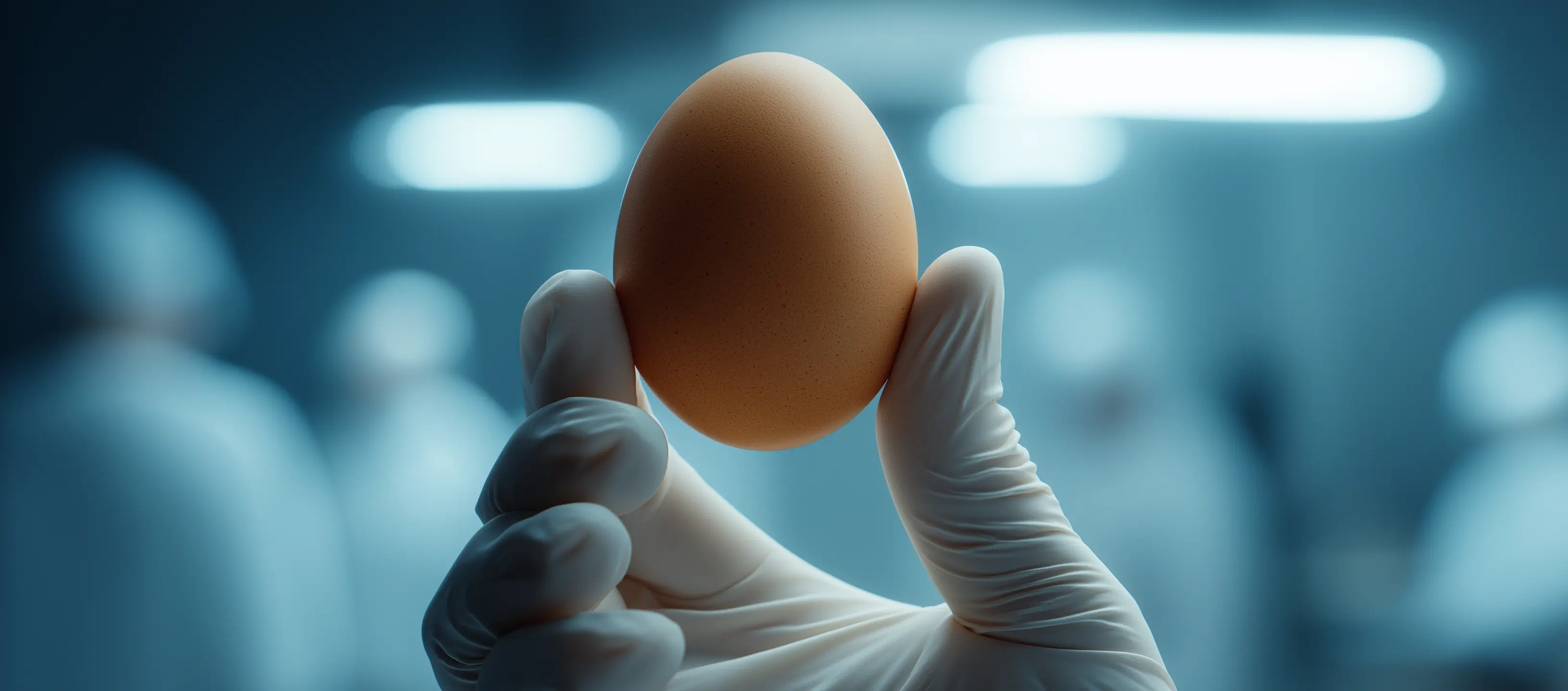 A brown egg is holding by two fingers wearing gloves