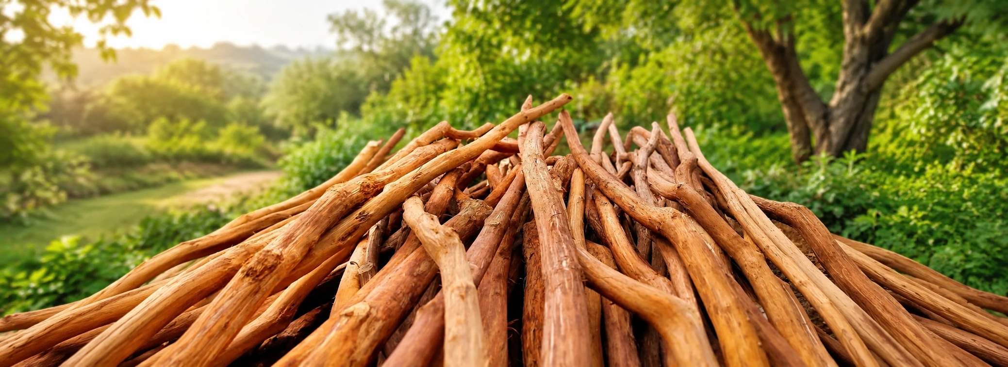 Few harvested cinnamon sticks piled